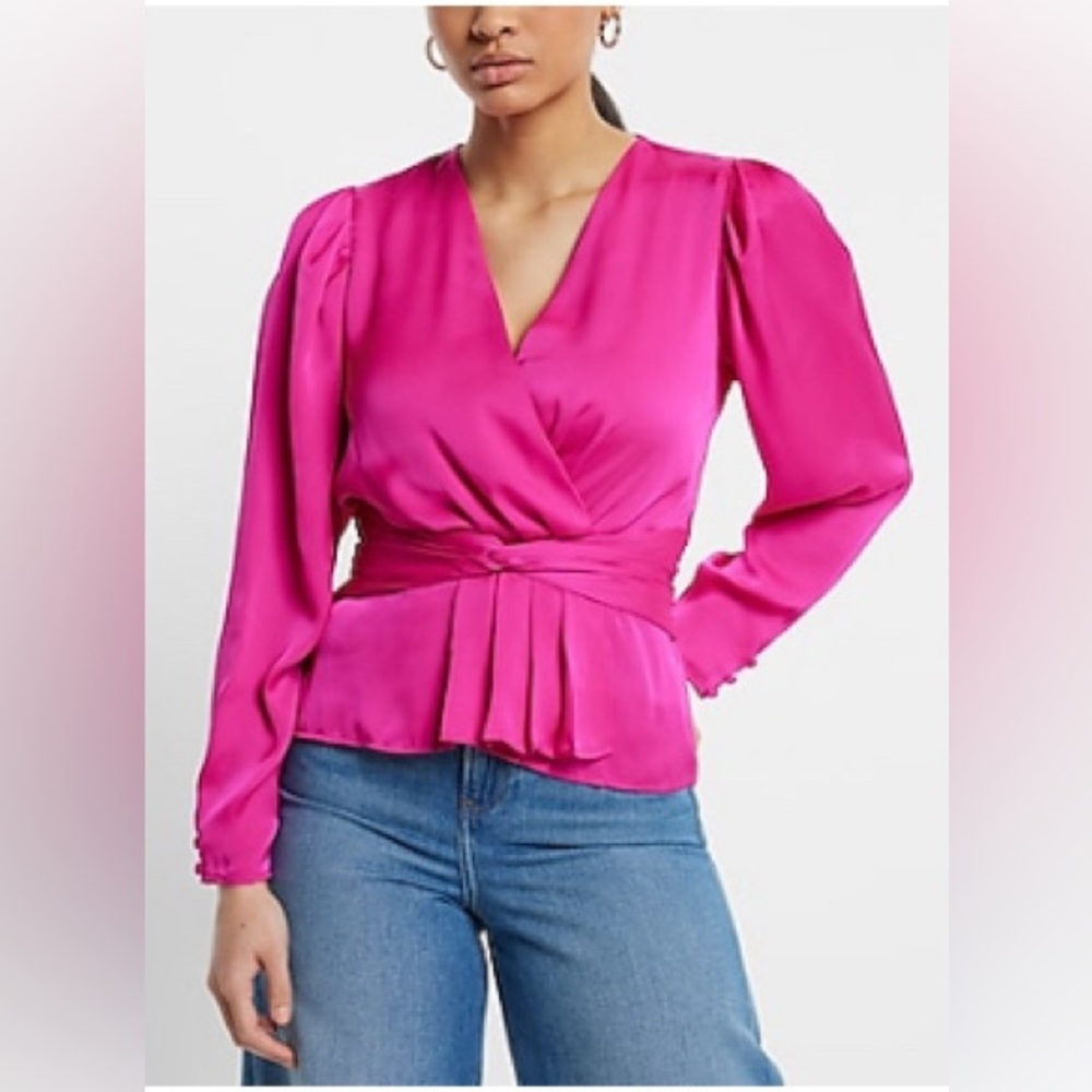 New Express Satin V Neck Peplum Top Neon Berry Pink S